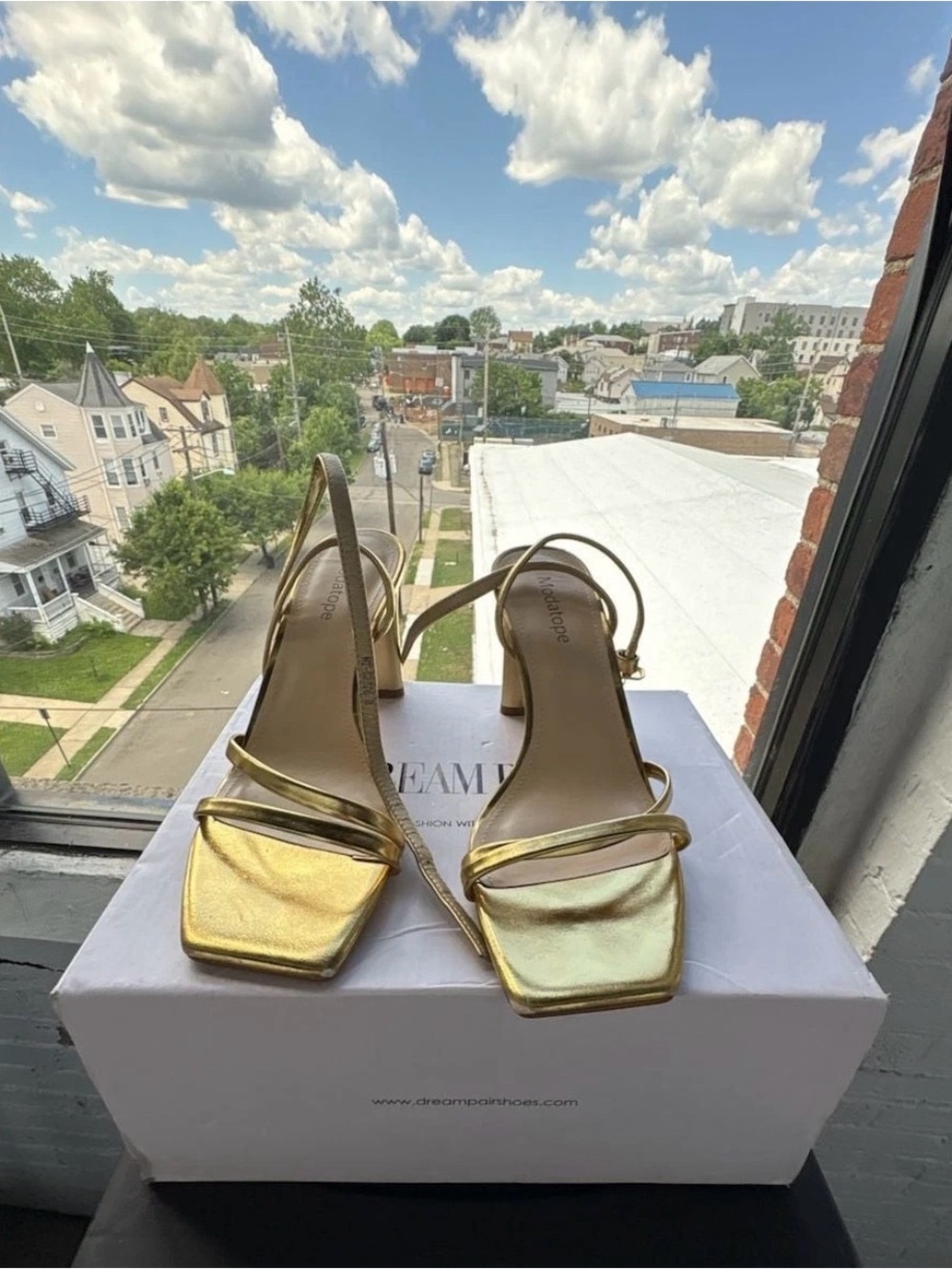 Metallic Gold Strappy Slingback Heels - Women's Elegant Square-Toe Sandals